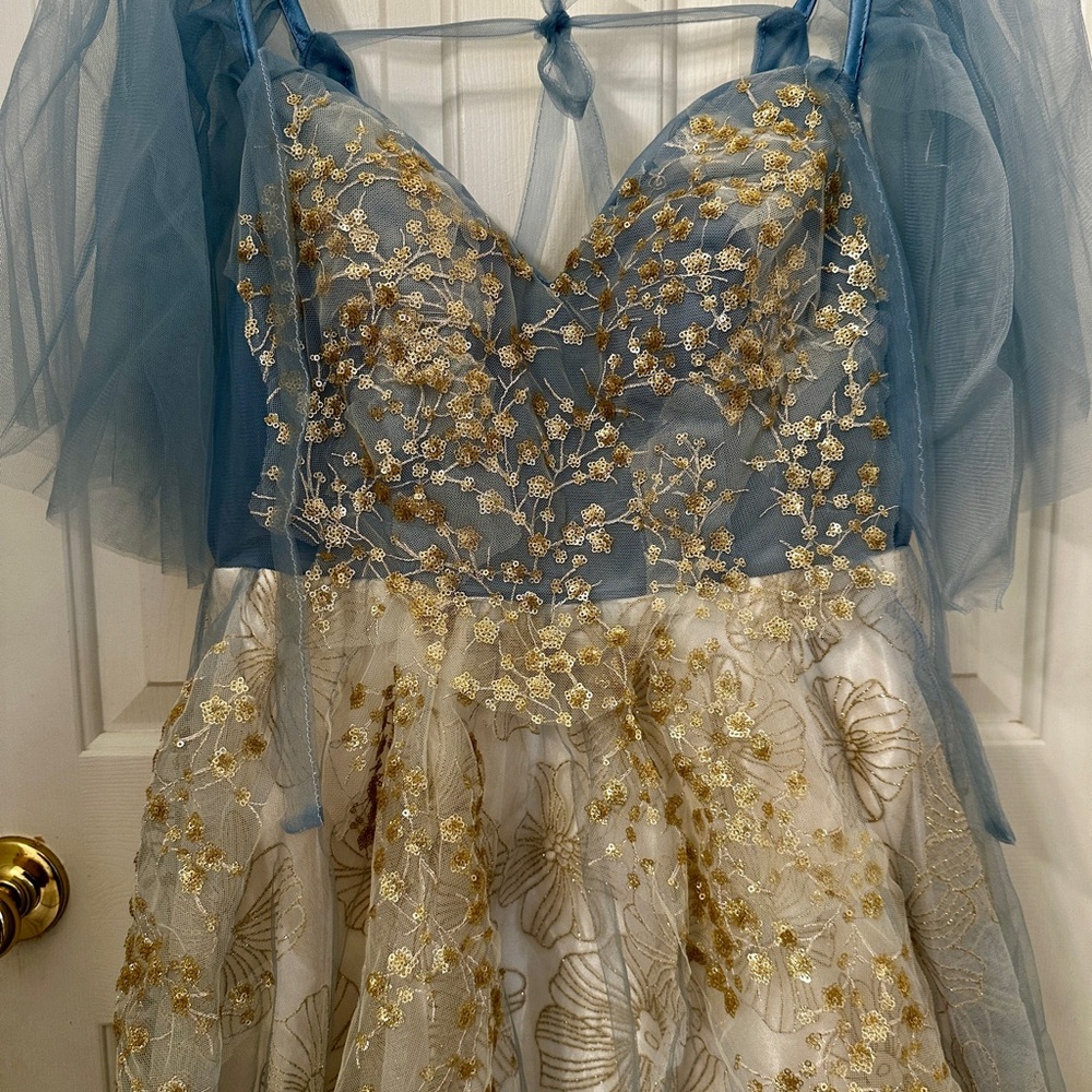 Elegant Blue and Gold Floral Prom Dress/Evening Gown